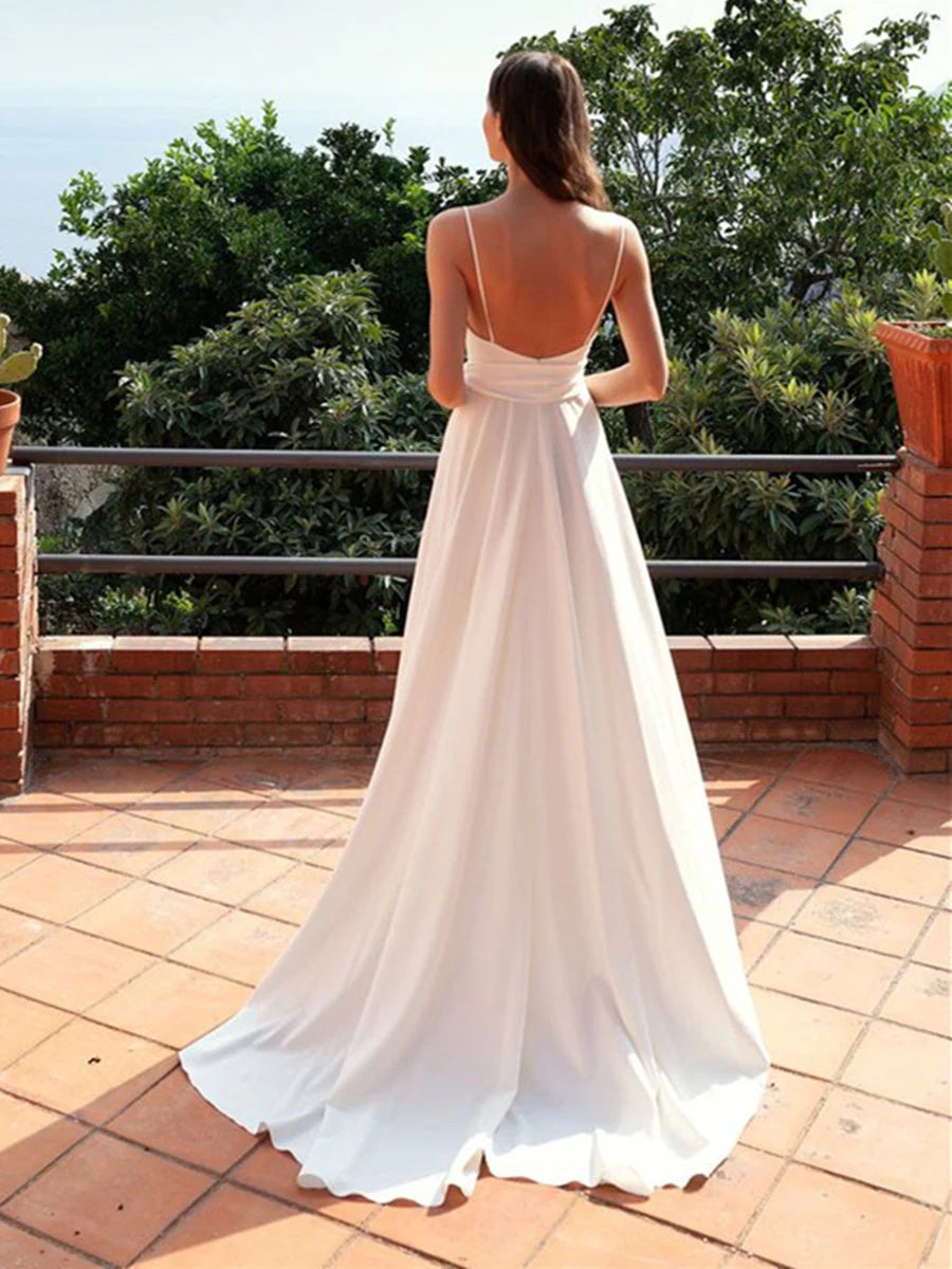 Vestido Weitese sexy blanco largo de corte A con escote en V y espalda abierta de satén, vestidos de fiesta formales con abertura